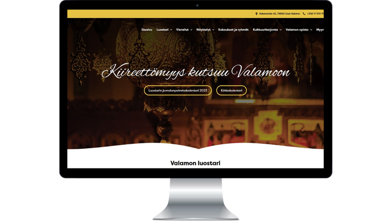 Kuvakaappaus Valamon luostarin verkkosivun etusivusta tietokoneen n&auml;yt&ouml;ll&auml;.