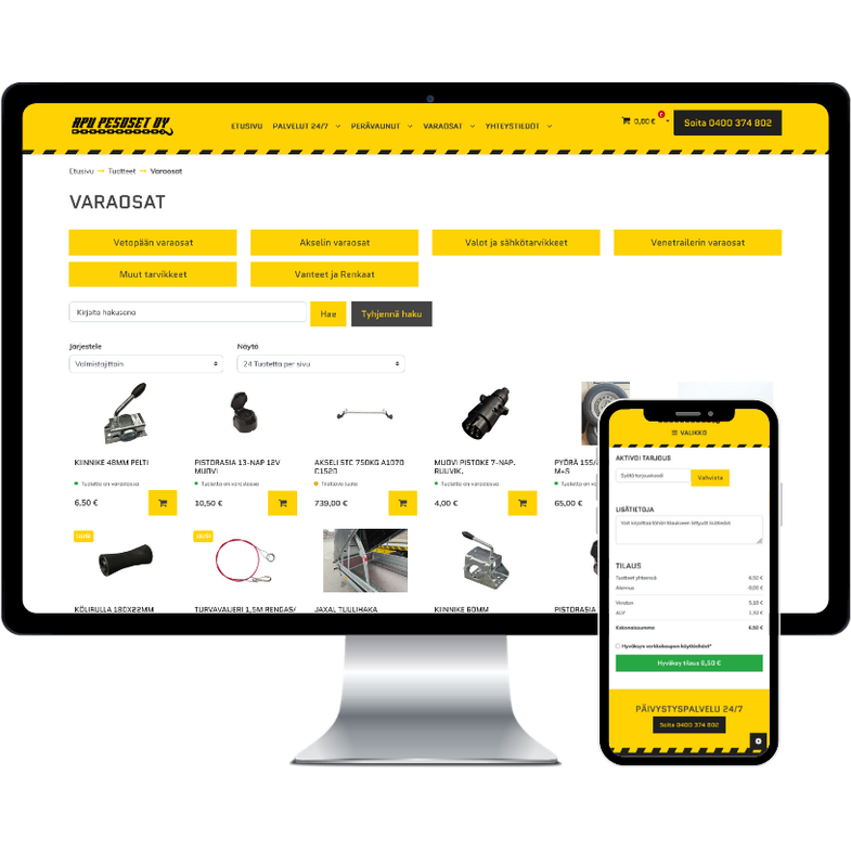 Sivustonäkymä tietokoneen näytöllä atFlow'n Apu Pesoset Oy:lle tuottamasta verkkokauppa-alustasta sekä mobiilinäkymä verkkokaupan ostoskorista.