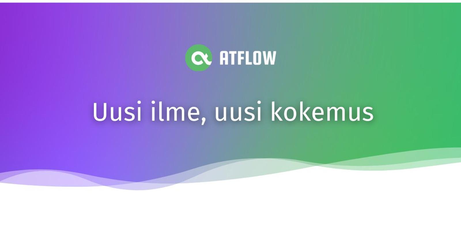 AtFlow-brändibanneri, jossa on teksti: 'Verkkokauppasi menestys alkaa tästä' ja yrityksen tarjoamat palvelut: Verkkokaupat, Verkkosivut, Varausjärjestelmät, Digimarkkinointi." Tausta on violetti-vihreä liukuväri.