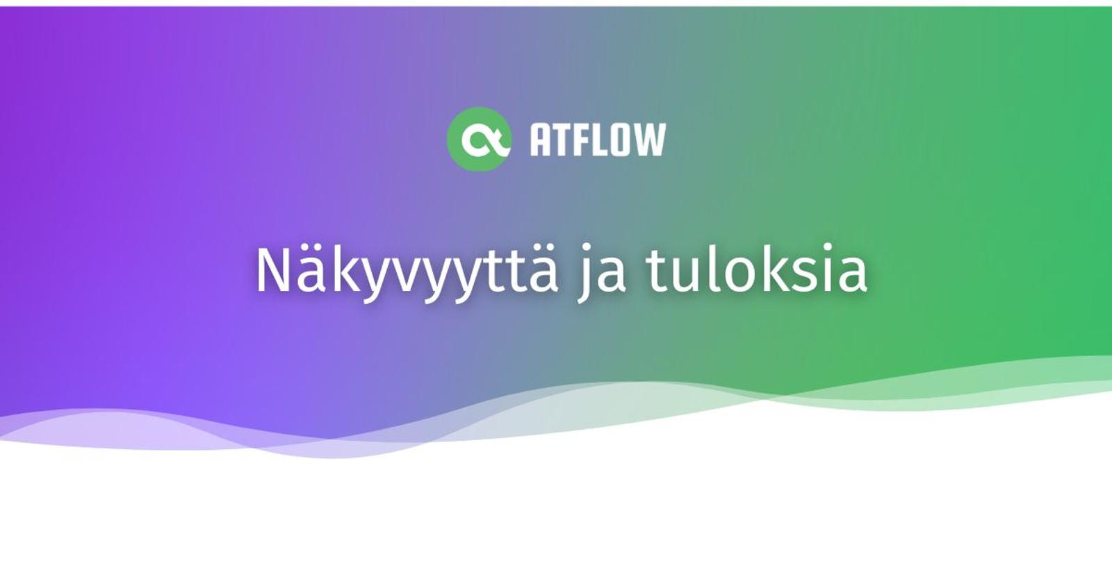 AtFlow-brändibanneri, jossa on teksti: 'Verkkokauppasi menestys alkaa tästä' ja yrityksen tarjoamat palvelut: Verkkokaupat, Verkkosivut, Varausjärjestelmät, Digimarkkinointi." Tausta on violetti-vihreä liukuväri.