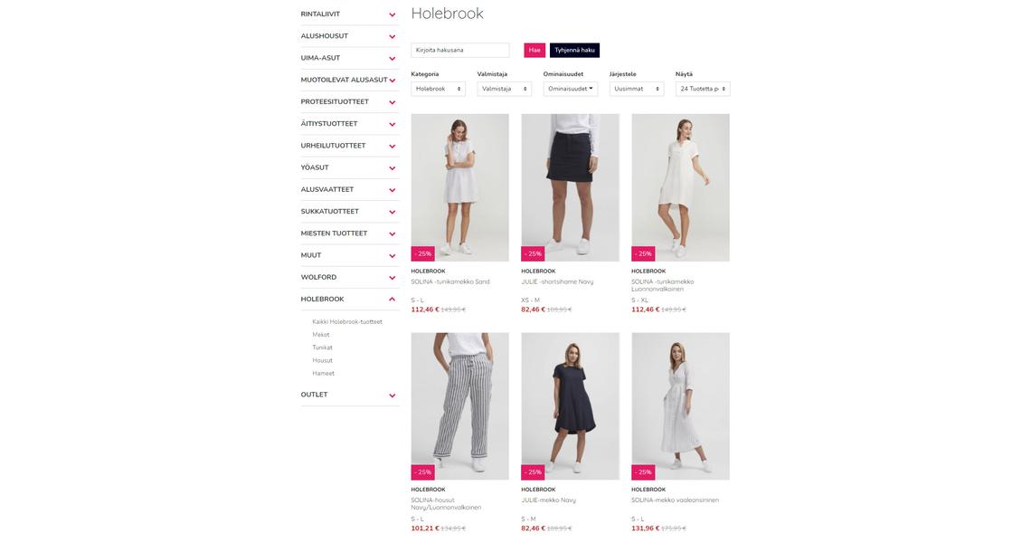 Tekstituotteiden ja vaatteiden verkkokaupan tuotelistaus